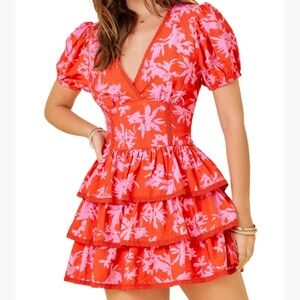 Pink and Red Floral Print Puff Sleeve